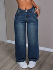 SHEIN PETITE Women's Loose Fashion Suitable For Summer Denim Jeans - Dark Wash - View 6