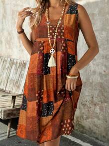 EMERY ROSE Vestido de mujer sin mangas de tejido con estampado de cuadros y paisley, ideal para vacaciones