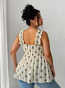 Elenzga Plus Size Women Textured Floral Print Romantic Gathered Shirred Ruffle Trim Spaghetti Strap Fitted A-Line Swing Camisole, Elegant Holiday Camisole - Beige - View 2