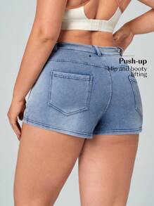 SHEIN Essnce Plus Size Casual Washed Wrap With Diagonal Pocket Denim Skort, Summer - Blue - View 9