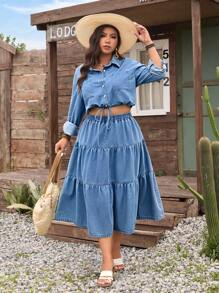 SHEIN LUNE Plus Size Women Casual Drawstring Hem Button Down Long Sleeve Denim Blouse - Blue - View 1