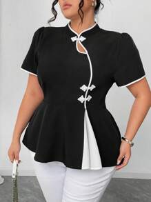 Elenzga Áo sơ mi tay ngắn thường ngày cỡ lớn dành cho nữ, cài nút, phong cách tối giản, thích hợp mặc hàng ngày - Đen và trắng - Xem 7