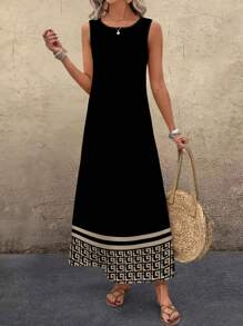 EMERY ROSE Plus Size Women Vintage Pattern Print Round Neck Casual Tank Dress, Summer Dresses For Women,Sundress Chic Dress