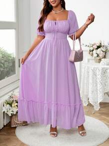 SHEIN Clasi Plus Size Sweet Romantic Pink Square Neck Bowknot Ruffle Hem Long Dress Easter Wear - Purple - View 6