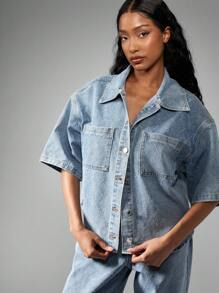 MISSGUIDED Oversized Diamond Quilted Denim Shirt Short Sleeve Button Down Top Spring Summer Fashion Casual Loose Fit Workwear Streetwear Utility Style - Blue - View 4