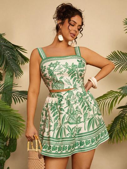 Travachic Bohemian Plus Size Casual Vacation Floral Print Camisole Top & Patchwork Short Skirt 2 Pieces Set, Spring/Summer Women Summer Clothing,Vacation Outfits Woman