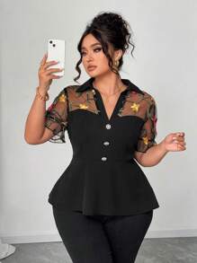 Elenzga Woven Mesh Embroidery Panel Blouse Woman S Summer Clothes Women Summer Sets Women S Clothes Women Summer Clothing Work Summer Shirt Women Plus Clothing Business Casual Women Plus Clothing Formal - Black - View 4