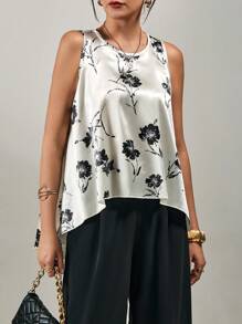 SHEIN Clasi Women Floral Print Asymmetrical Hem Round Neck Tank Top, Summer - Multicolor - View 6