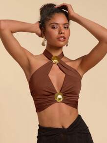 Travachic Solid Color Hollow Out Shell Decor Women Blouse, Sexy Beach Vacation Style Top - Coffee Brown - View 1