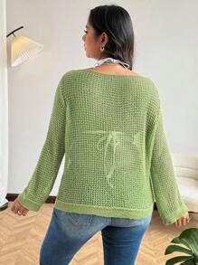 Flirla Áo len dệt kim dáng rộng cổ tròn màu trơn cỡ lớn gợi cảm xuyên thấu thu đông - Màu xanh Ô liu - Xem 2