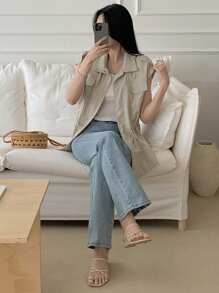 DAZY Women's Cargo Style Vest Jacket, Vintage Collar Big Pockets Drawstring Loose Sleeveless Casual Linen Fall/Winter - Mint Green - View 8