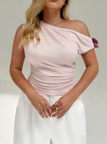 Auralis Plus Size Women Summer Vacation Y2k Asymmetrical Shoulder Top, Going Out Tops, Birthday Cute Concert Brunch Airport Country Fairycore Solid Color Elegant T-Shirt, - Pink - View 4