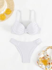 Swim Mod 女式夏季纯色性感聚拢褶皱吊带短款上衣和比基尼泳裤两件套泳衣套装，海滩度假泳装 - 白色 - 查看 7