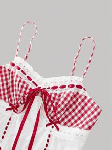 SHEIN MOD Square Neckline Ruffled Cuff Bow Waisted Plaid Print Dress,Concert ,Graduation , Elegant,Vacation ,Tea Party ,Modest ,Brunch Outfits ,Milkmaid Red Plaid Dress