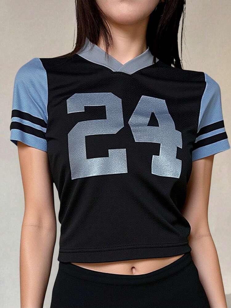Women's Contrast Color Patchwork Letter Print Short Sleeve T-Shirt Jersey,Graphic Tees Crop Women Tops