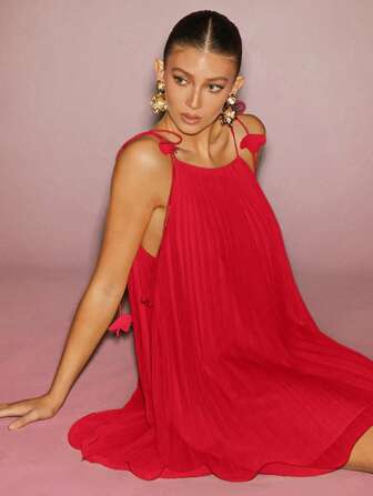 L'Amorae 女式雪纺褶饰花卉肩带迷你连衣裙