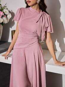 Modelyn Tie-Up Pleated Ruffle Sleeve A-Line Waist Flare Chiffon Dress For Women - Pink - View 6
