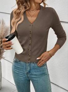 SHEIN Frenchy 女士纯色长袖单排扣开衫，酒红色，秋冬针织毛衣