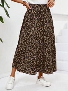 SHEIN LUNE 大码女式优雅奢华豹纹中长高腰A字裙，2025年夏季新款 - 彩色 - 查看 6