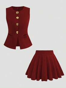 Sweetra Plus Size Business Casual Front Button Blouse & Pleated Skirt 2-Piece Set - Burgundy - View 1