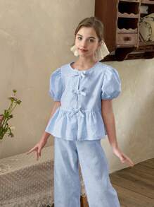 LMoss Kids Tween Girl Chiffon Plaid Puff Sleeve Top And Wide Leg Pants 2 Pieces Set - Blue - View 4