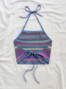 Soleia Geo-Muster Rückenfreies Crop Top mit Krawatte, Frühjahrs-Break Crop Damen Tops - Verschiedenfarbig - Übersicht 2