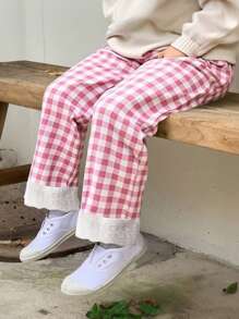 3 pièces/Set Pantalons Pour Jeunes Filles - Coordonnés Couleur Dopamine, Pantalons Droits à Imprimé à Carreaux Floraux Volantés Décontractés Et Fins Pour Filles, Pour Un Porter Quotidien - Multicolore - Voir 1
