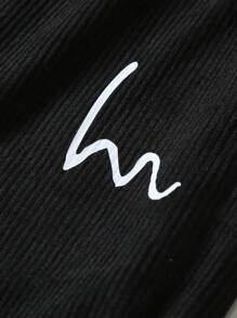Manfinity Homme Pantalones jogger acanalados ligeros para hombres con diseño "Hi" - Pantalones de chándal casuales de corte holgado para primavera, verano y otoño, cintura con cordón de poliéster blanco, estilo harem retro, pana - Negro - Ver 7