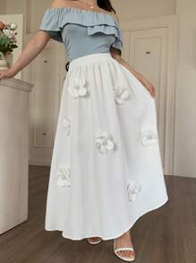 Modelyn 女式法式通勤白色 3D 花卉 A 字裙，宽松版型 - 白色 - 查看 7