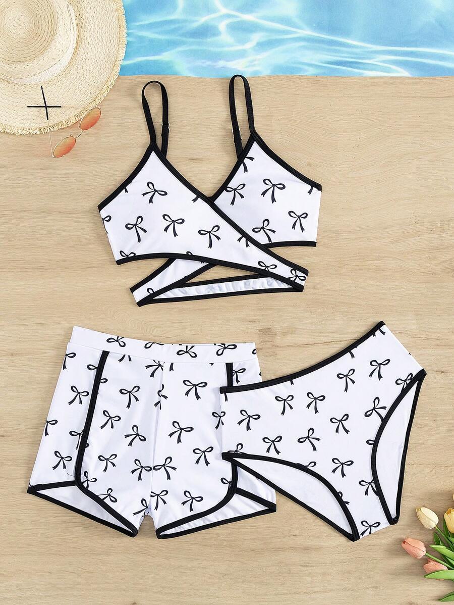 Girls' Simple Fashion Black Bow Printed White Base Tankini Swimsuit Set With Shorts And Briefs, Random Printed Pattern - White - View 1
