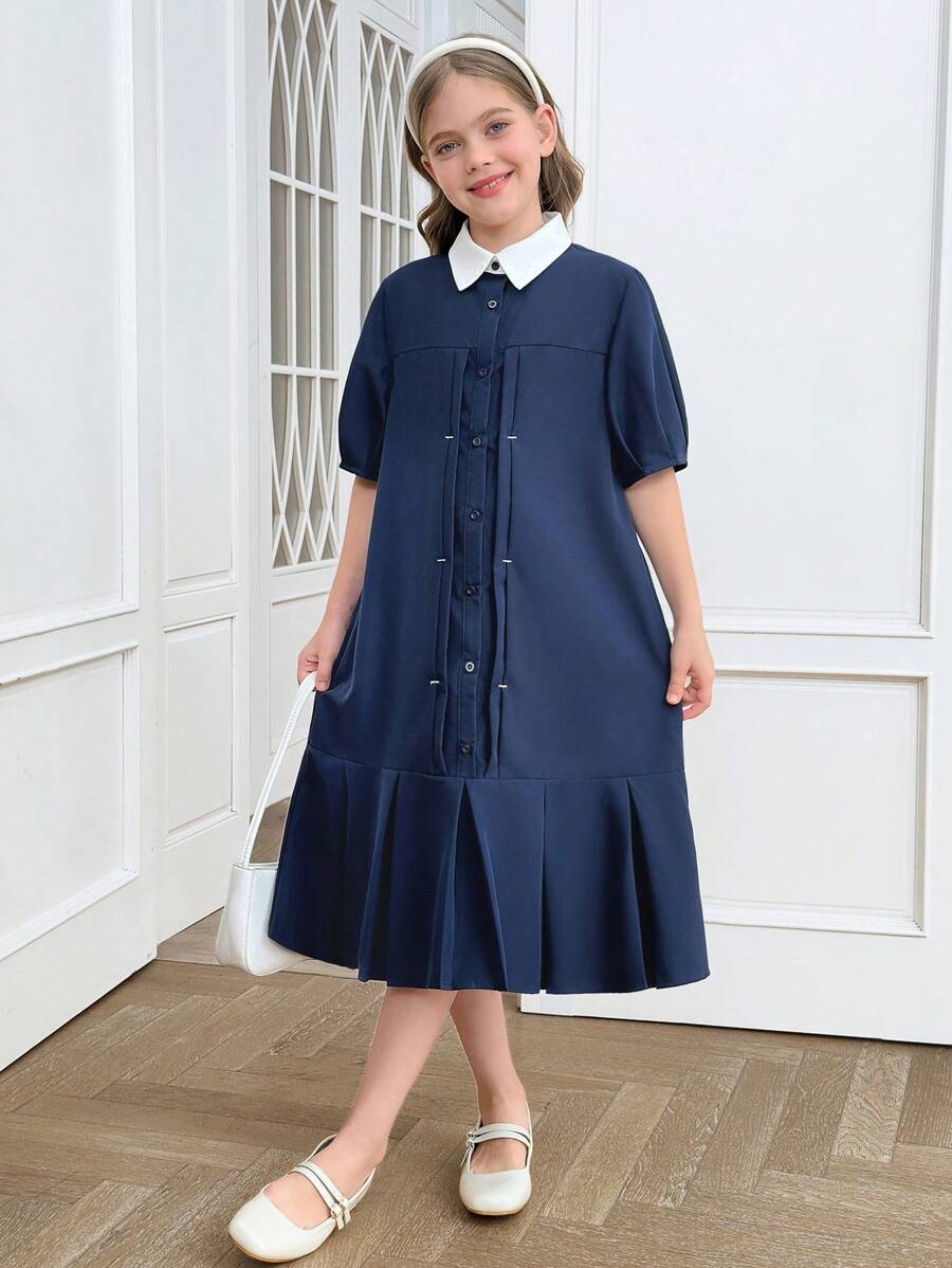 女童撞色圆领宽松休闲A字短袖连衣裙 - 藏蓝色 - 查看 1