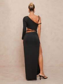 Lumalex Outing Summer Swimsuit Swimwear Swim Vacation Easter Bohemian BOHO Sea Beach Hot Outdoor Richly Layered Wedding Season Banquet Coming Of Age Ceremony Beach Seaside 1pc Women's One Shoulder One Sleeve Cropped Open Slit Maxi Straight Dress - Black - View 2