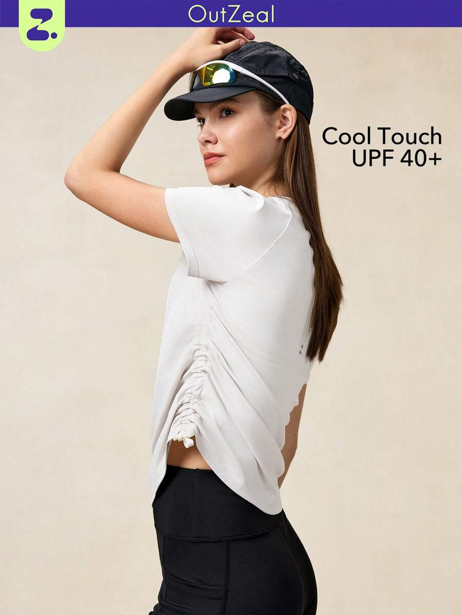 OutZeal 女式清凉防晒侧抽绳褶饰短袖T恤运动上衣徒步T恤 - 白色 - 查看 1