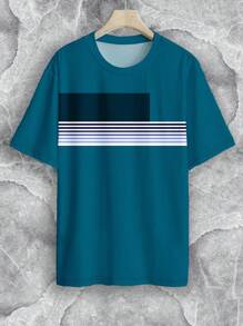 Manfinity Homme Plus Size Men's Stripe Print Crew Neck Short Sleeve Casual Versatile T-Shirt - Multicolor - View 3