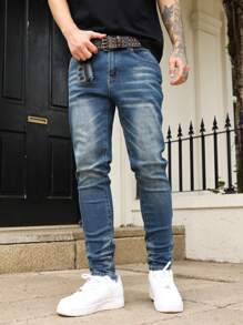 Manfinity Homme Men's Camouflage Denim Jeans, Fashionable For Summer - Medium Wash - View 4