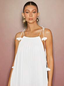 L'Amorae Váy mini xếp ly bằng vải chiffon dành cho nữ có dây đeo hoa - trắng - Xem 5
