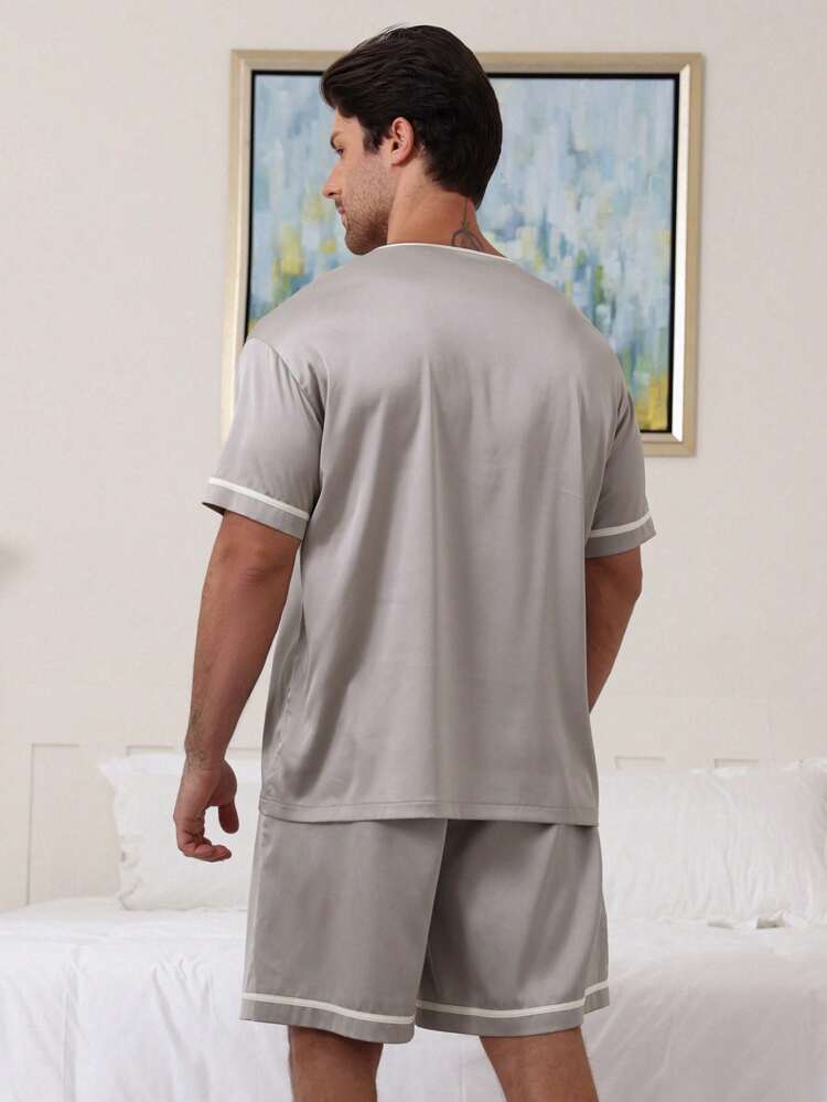 Summer Solid Gray Satin Shirt Matched With Men's Loungewear Set Pajama