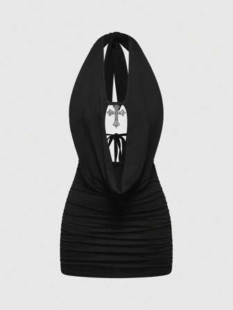 Grunge Punk Vestido corto de mujer con cuello de encaje y cruzado, estampado de leopardo y colgante, apropiado para la playa, vacaciones y conciertos de Gyaru