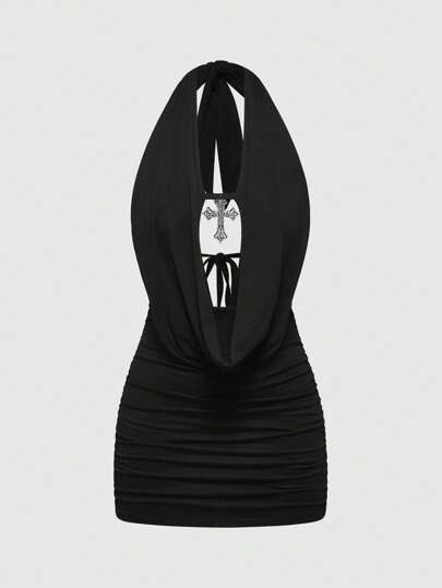 Grunge Punk Sexy Leopard Print Cross Pendant Lace Up Draped Neck Mini Dress For Women, Suitable For Beach Vacation, Gyaru Concert Outfit