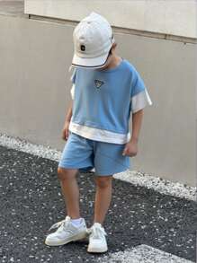 2pcs/Set Young Boys Summer Short Sleeve Top And Shorts Set, Denim Effect Casual Outfit - Blue - View 1