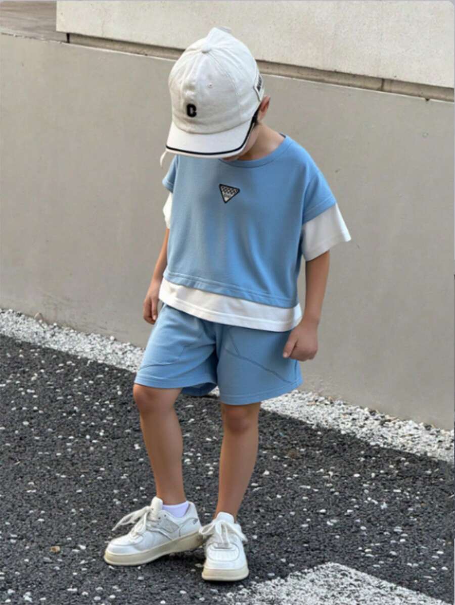 2pcs/Set Young Boys Summer Short Sleeve Top And Shorts Set, Denim Effect Casual Outfit - Blue - View 1