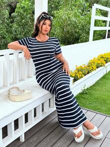 SHEIN EZwear Navy Blue & White Striped Plus Size Dress, Casual Daily Wear, Spring/Summer - Navy Blue - View 1