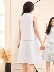 SHEIN 2 件套青少年女孩休闲舒适领珍珠装饰衬衫和花卉装饰迷你裙套装 - 白色 - 查看 2