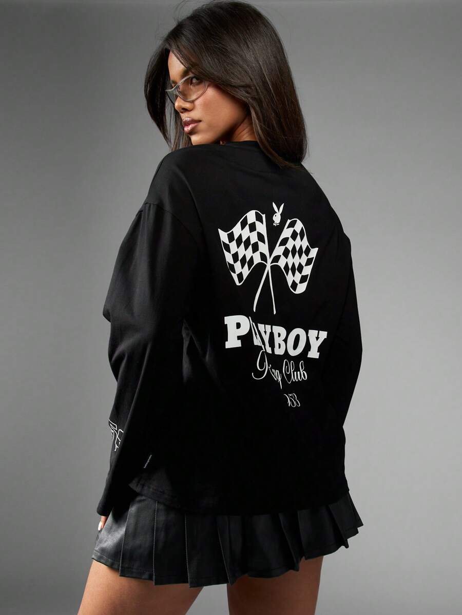 Missguided x Playboy Racing Logo Long Sleeve Oversized T-Shirt With Checkered Flag Graphic Motorsport Urban Streetwear Fall Winter Collection Athleisure Club Style Car Racing