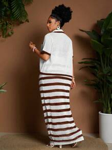 Maweii Cardigan corto con tasche e allacciatura frontale, abbinato a una gonna lunga elegante, outfit vacanziero per donna taglie forti