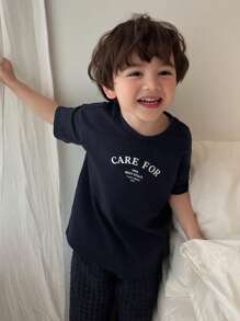 DAZY 2 piezas Conjunto de ropa para niño pequeño con top de punto de manga corta con estampado de letras y pantalón tejido a cuadros para usar en casa, primavera/verano