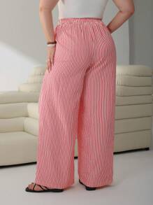 SHEIN EZwear 大码女式条纹印花系带腰口袋阔腿宽松飘逸裤，夏季，母亲节 - 彩色 - 查看 2