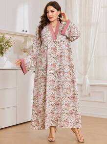 Al Najma Plus Size Women Elegant Arabic Style Patchwork Color Block Long Sleeve Dress - Multicolor - View 4