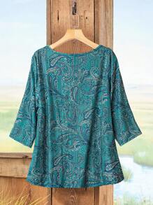 EMERY ROSE Plus Size Women Paisley Print Round Neck 3/4 Sleeve Button Half Placket Casual T-Shirt
