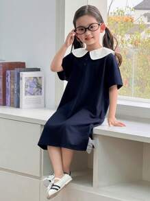 SHEIN Robe d'école pour jeune fille, style décontracté, ample, bleu, style résille, patchwork, col blanc, manches courtes, printemps/été - Bleu azur - Voir 3